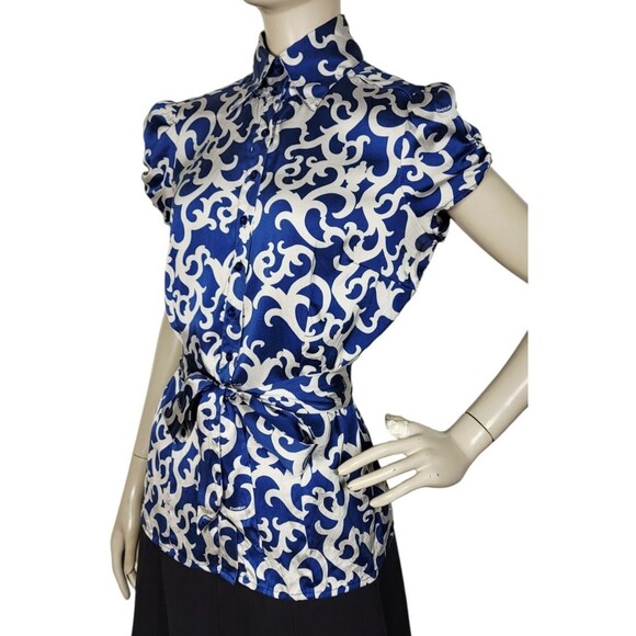 Vintage Y2k Bebe Silk Cobalt Grey Puff Sleeve Scroll Logo AOP Belted Blouse M/L - Picture 4 of 15